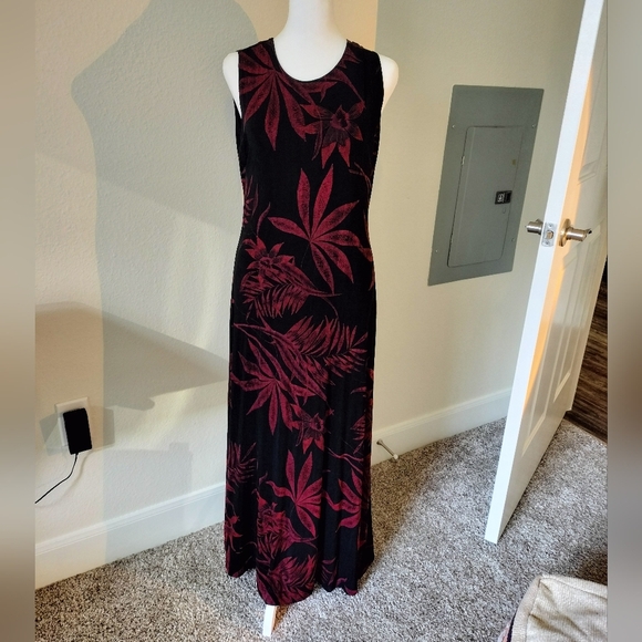 90s Black Maxi Dress Vintage sleeveless Grunge Leaf Fern Medium M vintage dress - Picture 3 of 3